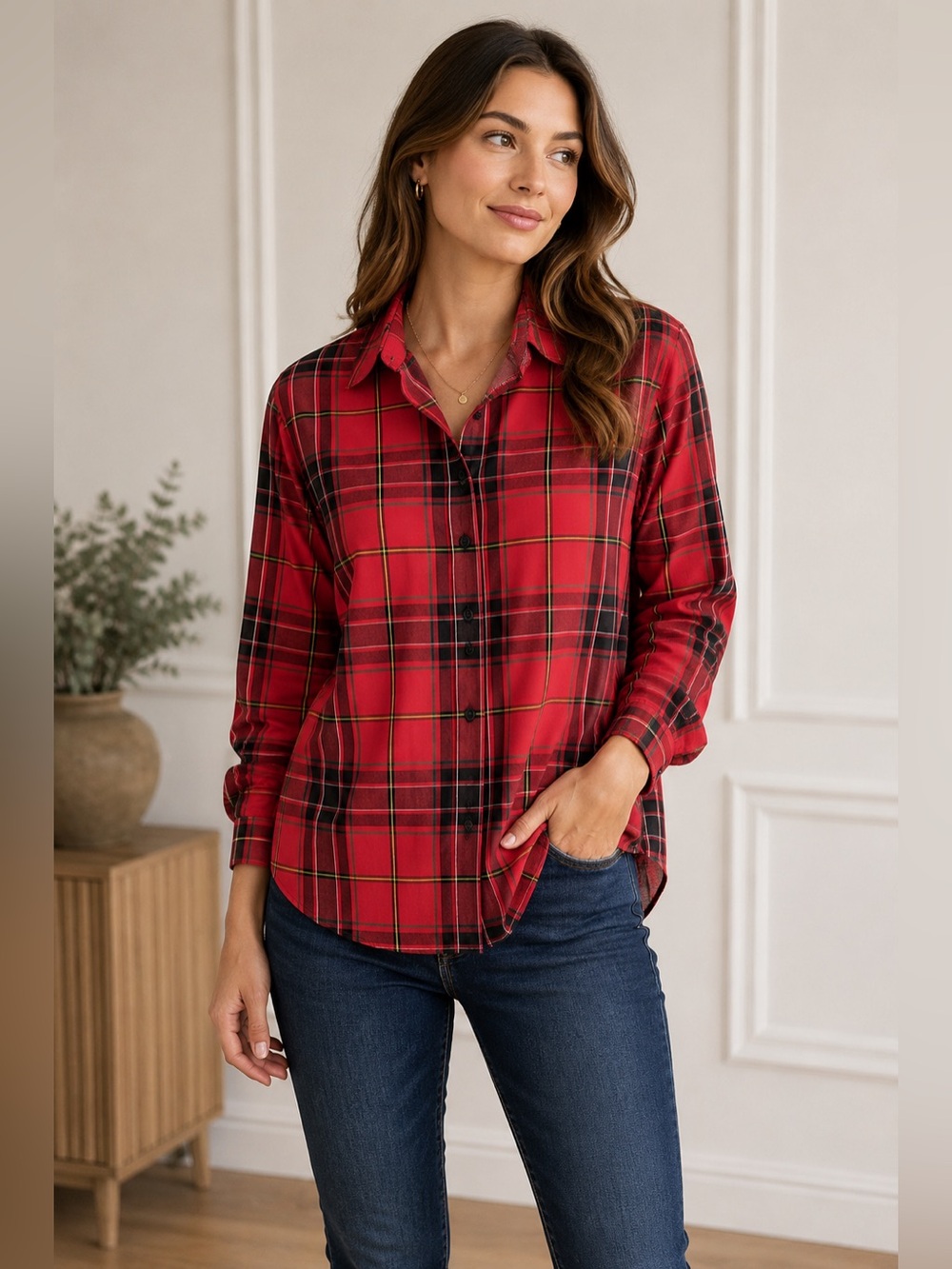 Foxcroft NYC Wrinkle Free Red Plaid Button Front Shirt Women’s 6 Shaped
